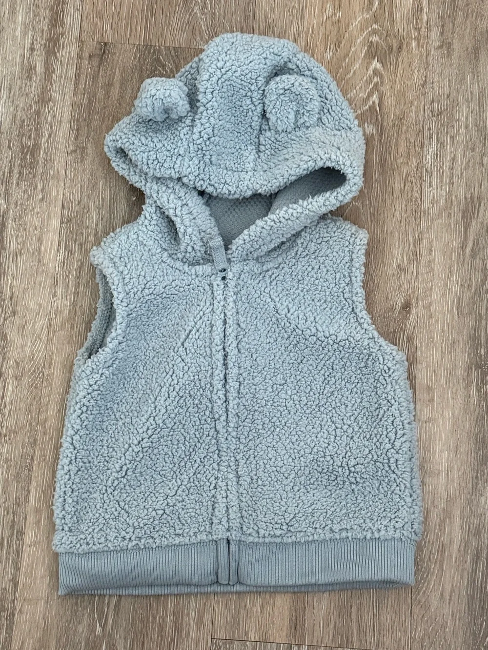 Carters Baby Boy Teddy Fleece Hooded Vest 3D Ears Blue Gray Full Zip 9M